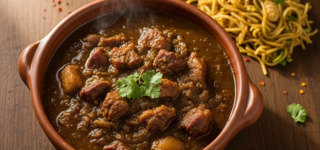 A steaming, rustic bowl of authentic Peruvian Carapulcra stew with tender pork chunks and a side of sopa seca noodles, garnished with fresh cilantro.