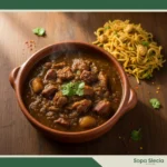 A steaming, rustic bowl of authentic Peruvian Carapulcra stew with tender pork chunks and a side of sopa seca noodles, garnished with fresh cilantro.