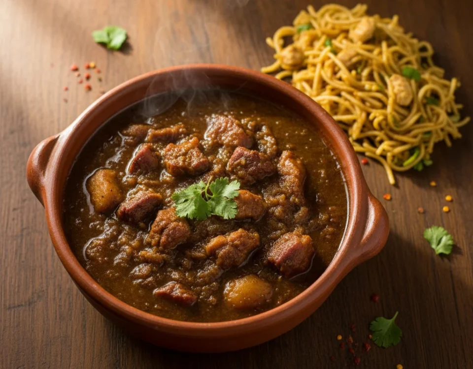 A steaming, rustic bowl of authentic Peruvian Carapulcra stew with tender pork chunks and a side of sopa seca noodles, garnished with fresh cilantro.