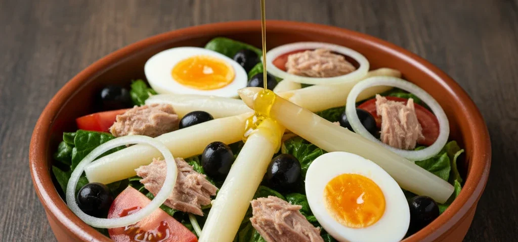 A vibrant, top-down shot of a classic ensalada mixta in a rustic terracotta bowl on a dark wooden table.