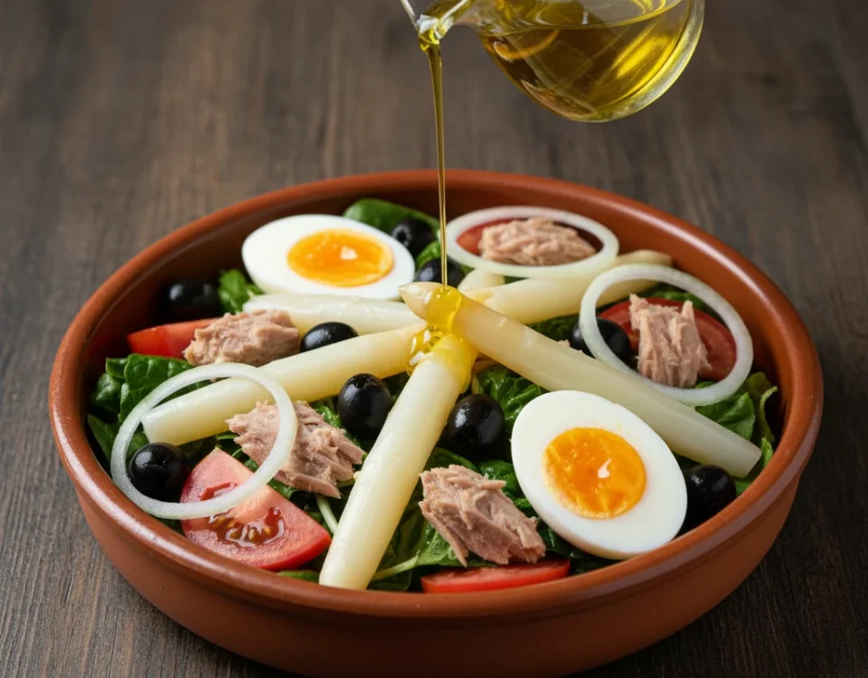A vibrant, top-down shot of a classic ensalada mixta in a rustic terracotta bowl on a dark wooden table.
