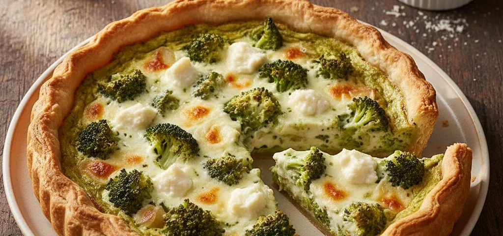 An overhead shot of a freshly baked tarta de brócoli with a golden-brown crust, with one slice cut and pulled away to show the creamy, cheesy broccoli filling.