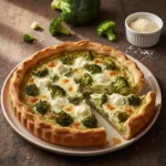 An overhead shot of a freshly baked tarta de brócoli with a golden-brown crust, with one slice cut and pulled away to show the creamy, cheesy broccoli filling.