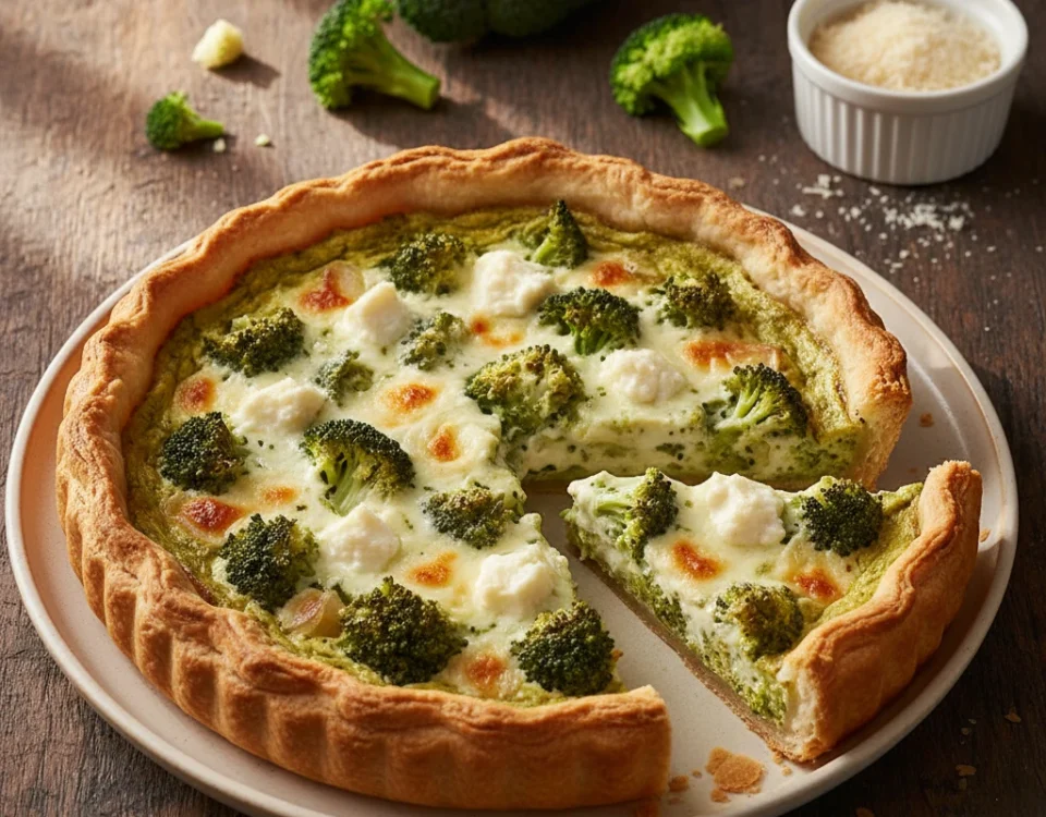 An overhead shot of a freshly baked tarta de brócoli with a golden-brown crust, with one slice cut and pulled away to show the creamy, cheesy broccoli filling.