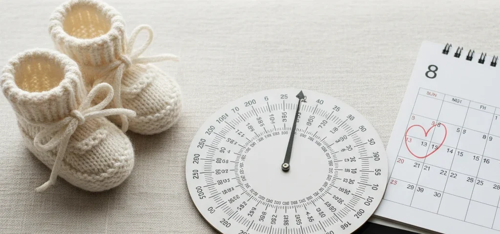 A physical OB wheel calculator is laid on a clean, light-colored surface, next to a pair of small knitted baby booties and a calendar with a heart on a future date.