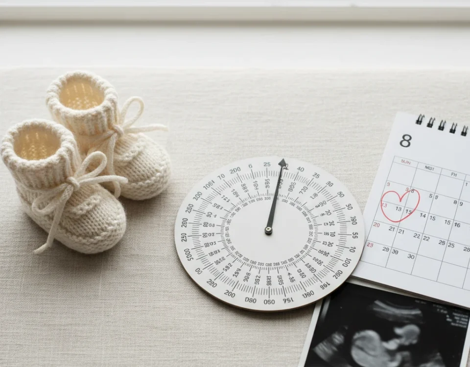 A physical OB wheel calculator is laid on a clean, light-colored surface, next to a pair of small knitted baby booties and a calendar with a heart on a future date.