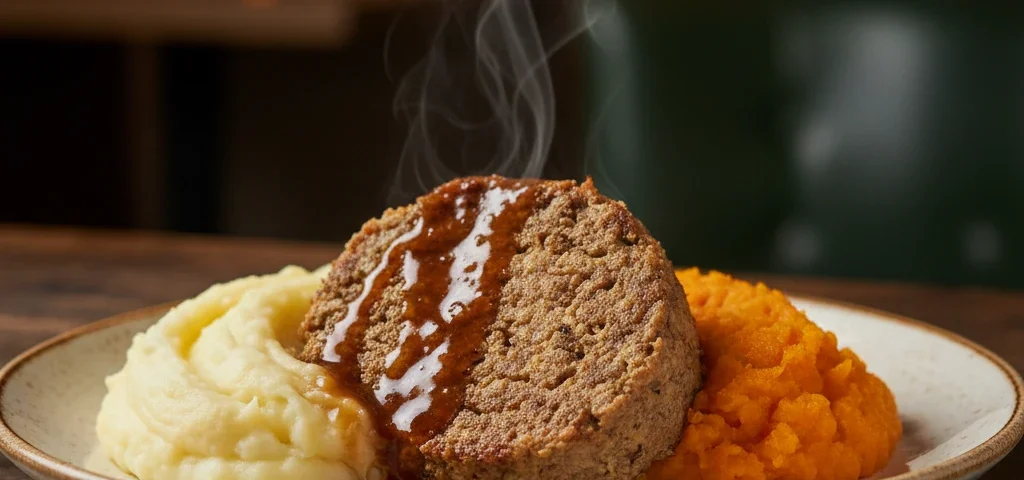A close-up of a delicious plate of haggis with neeps and tatties, drizzled with whisky sauce in a cozy pub setting.