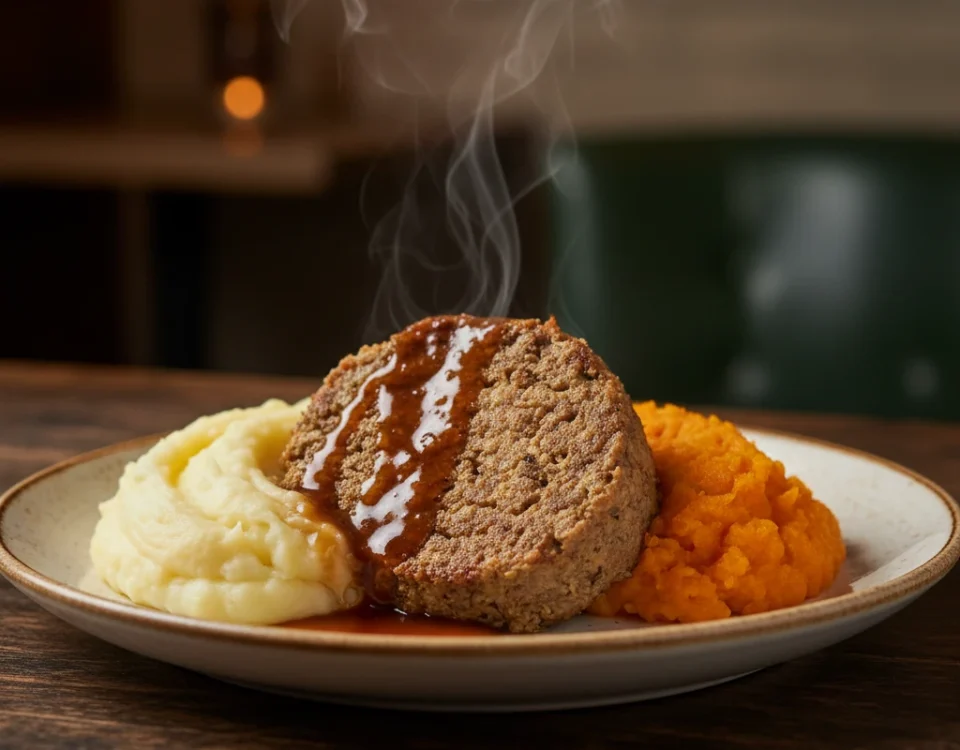 A close-up of a delicious plate of haggis with neeps and tatties, drizzled with whisky sauce in a cozy pub setting.